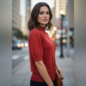 NWT Michael Kors Women's Short Capped Sleeve Crimson Red Metallic Knit Top Sz XL